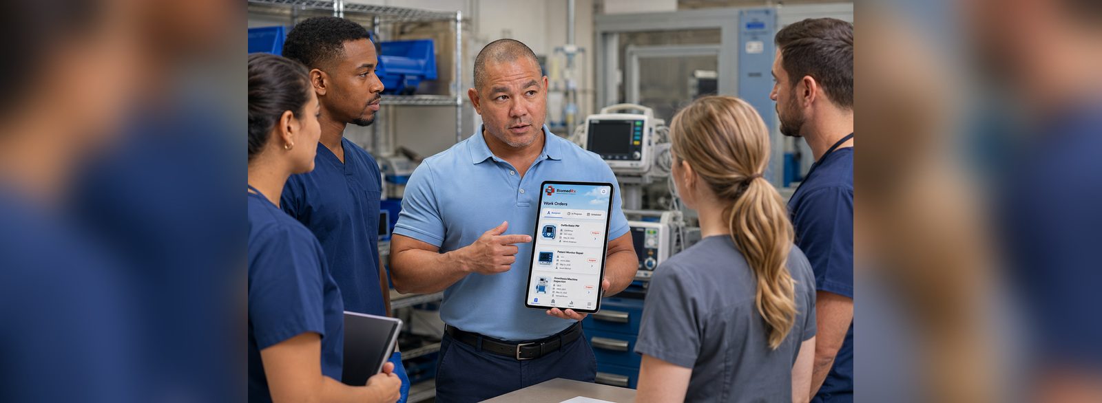 Assigned work orders and PM schedule | BiomedRx App Assigned work orders for defibrillator PM, patient monitor repair and anesthesia machine inspection in the BiomedRx App