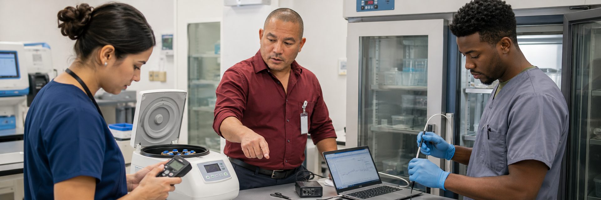 Biomedical equipment technicians performing anesthesia machine preventive maintenance