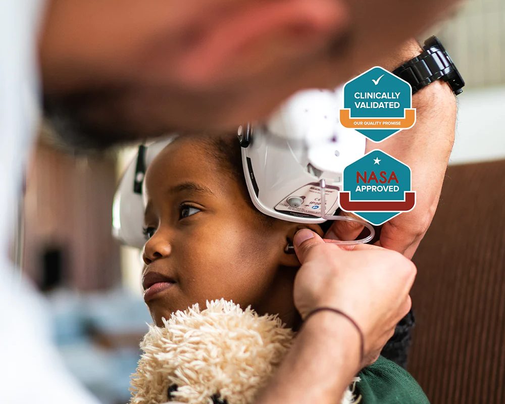 Clinically validated mobile audiometric hearing test being administered with a KUDUwave portable audiometer